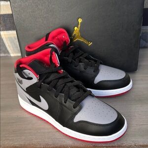 Jordan 1 Mids, Black and Grey with Red Accents. BRAND NEW Never worn